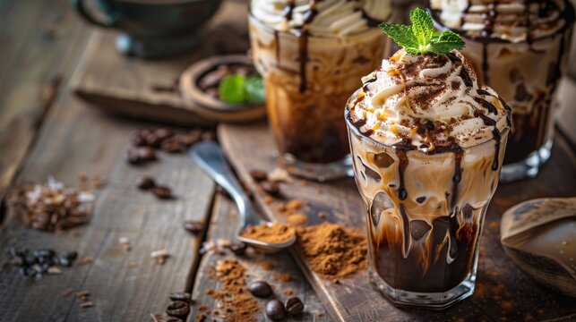 hot coffee and iced cream coffee service, studio light and shadow, close-up, interior, professional photographer, text copy space