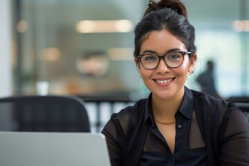 Successful satisfied and happy business woman working inside modern office, hispanic woman in glasses and shirt using laptop at work, Generative AI - obrazy, fototapety, plakaty