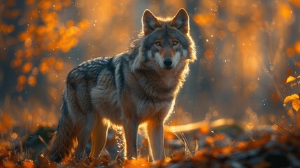 a lone wolf standing amidst a dark forest sunlight filte. A wolf stands in a forest. The background is blurry.