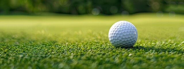 Banner. Small and round with slightly glossy surface white golf ball resting on green field. Copy space. Concept of professional and luxury sport, leisure time, recreation, games.