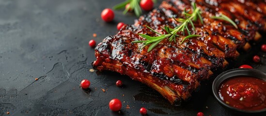BBQ Rib on wooden cutting board top view. Rack of barbecued pork ribs with sauce. web banner with Copy space for text. - obrazy, fototapety, plakaty
