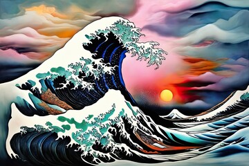 Japanese great wave sea Japan engraved art design in a vintage
