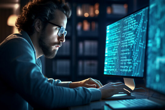 Hard working person in modern interior office programming writing web java script code AI technology generation