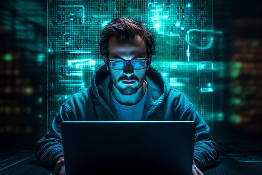 Hard working person in modern interior office programming writing web java script code AI technology generation