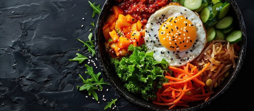 Bibimbap top view. A bowl of food with an egg on top. web banner with Copy space for text.
