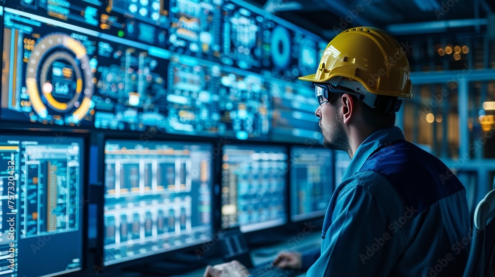 Poster telecommunication engineer in a control room monitoring 5g network performance