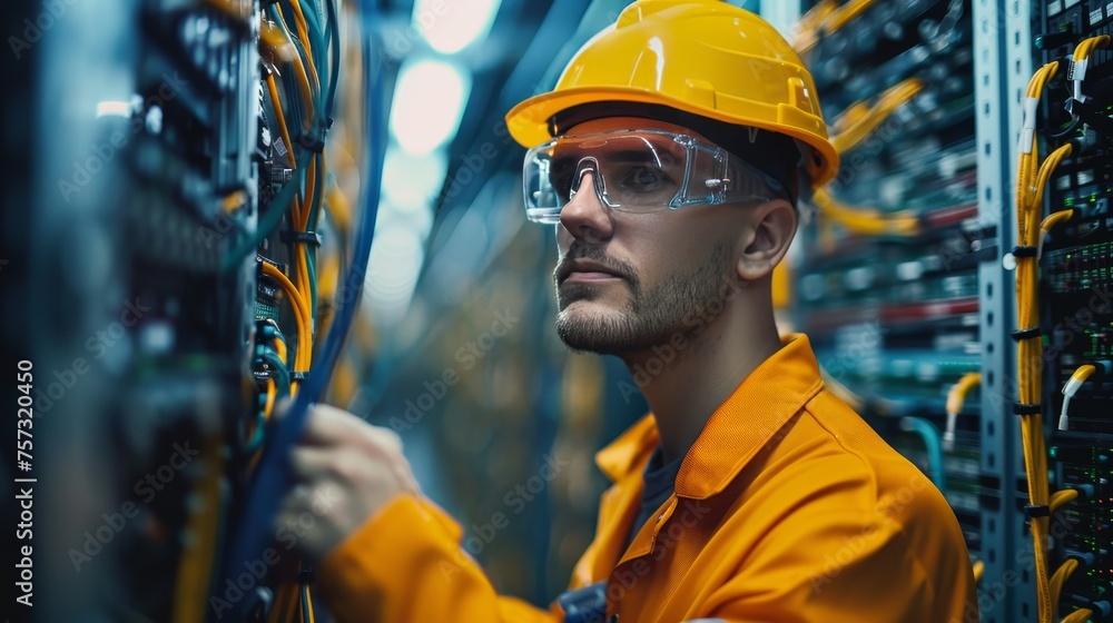 Poster telecommunication engineer programming the network for a 5g base station