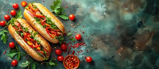 banh mi. Two hotdogs on buns with lettuce, tomato, onion, and parsley on a blue table. web banner with Copy space for text. - obrazy, fototapety, plakaty