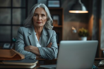 Portrait of senior mature gray-haired businesswoman inside office, female boss sitting at desk and looking at camera with crossed arms, experienced financier with laptop at workplace, Generative AI - obrazy, fototapety, plakaty