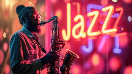 Fototapeta premium A jazz musician plays the saxophone in evening, against the backdrop of an illuminated neon 