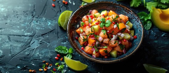 Ceviche top view. A bowl of diced tomatoes, onions, cilantro, and spices.web banner with Copy space for text.