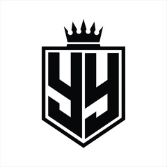 YY Logo monogram bold shield geometric shape with crown outline black and white style design