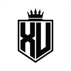 XU Logo monogram bold shield geometric shape with crown outline black and white style design