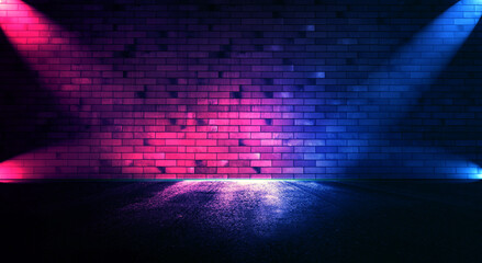 Rays neon light on neon brick wall. Empty scene.	