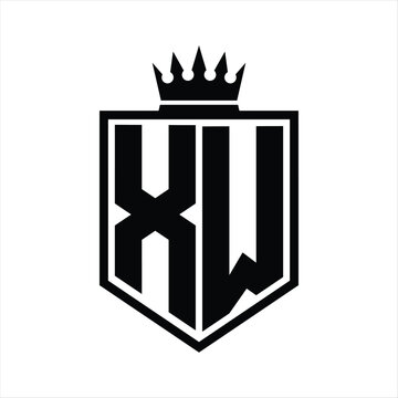XW Logo monogram bold shield geometric shape with crown outline black and white style design