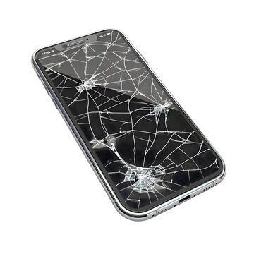 Broken screen on cell phone top view, isolated on transparent background