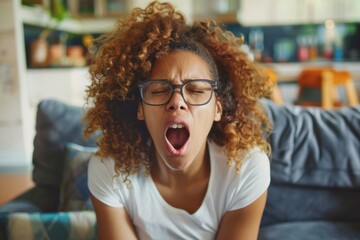 Young woman yawns bored sitting at home on sofa in living room, Generative AI