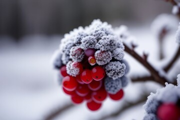 winter red berries nature snow tree plant season frost raspberries tree branch background - Powered by Adobe
