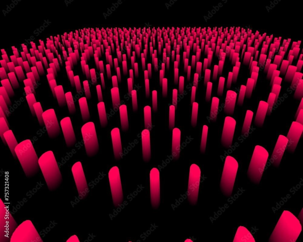Poster red 3d columns arranged in rows circular arrangement on a black background