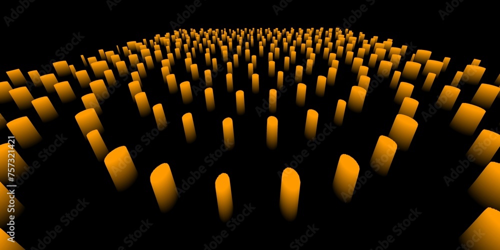Poster yellow gold 3d columns arranged in rows circular arrangement on a black background