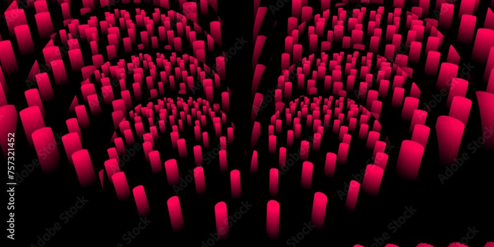 Poster red 3d columns arranged in rows circular arrangement on a black background