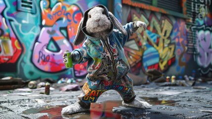 An expressive animated rabbit, clad in a paint-splattered hoodie, is captured in the act of creating vibrant graffiti on an urban street.