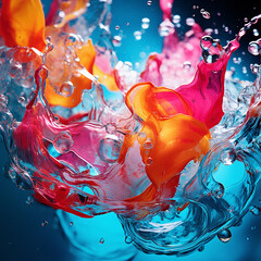 Vibrant and dynamic, the colorful water splashes freeze in time, each droplet a kaleidoscope of hues captured with precision.
