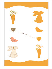 Find the pair, the shadow in the picture. Vector illustration. Hare, bird, flower, carrot.