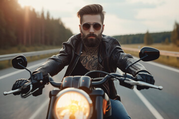 Portrait of a young man with a beard and a tattoo biker rides a motorcycle
