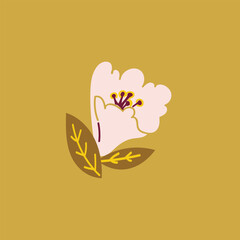 Drawing of a pink flower with leaves. Vector illustration on a mustard background.