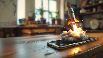 rocket flying out of smartphone on a table taking off into the future of mobile devices and apps - obrazy, fototapety, plakaty