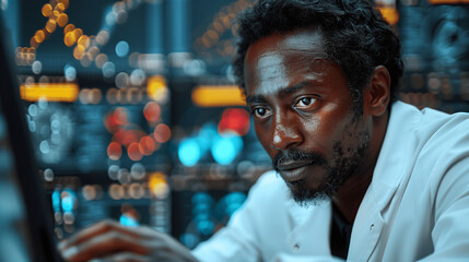 Obraz premium Male Scientist Working in a Data Center