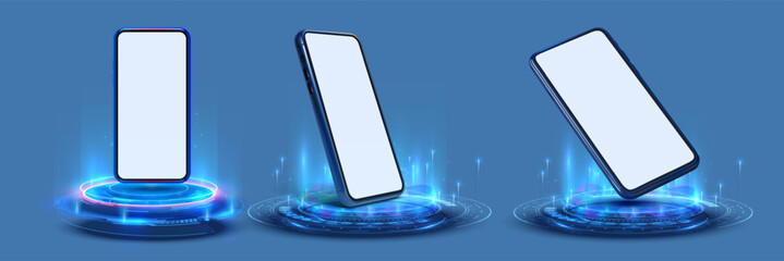 Futuristic Smartphones with Interactive Interface Display. Modern smartphones depicted in various angles with a dynamic, glowing interface, symbolizing cutting-edge technology. Vector illustration