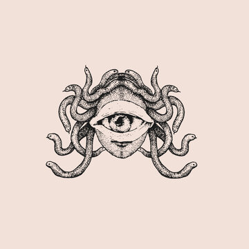 Medusa gorgon with an eye. Spot work. Vector hand drawn illustration. Tattoo illustration, modern surreal art.