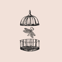 Cage. Spot work. Vector hand drawn illustration. Tattoo illustration, modern surreal art.