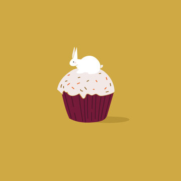 A picture of a muffin with a figure of a hare. Vector illustration on a mustard background.