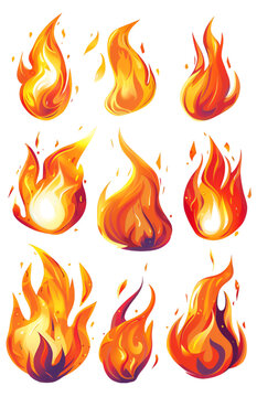 Cartoon Fire Flames Set, Fiery Animation, Isolated on Transparent Background