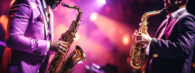 A concert duo of saxophonists in bright purple suits perform at a concert, capturing the essence of a live jazz session