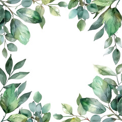 Elegant Watercolor Greenery Leaves Frame Isolated on Transparent Background
