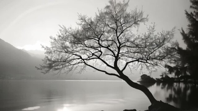 tree in fog on lake with sunset with black white background