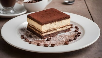 A perfectly plated tiramisu dusted with cocoa powder and garnished with coffee beans.