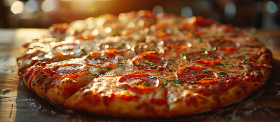 Sliced delicious pepperoni pizza with tomato sauce, cheese and basil. Italian food, dish, meal, snack, dinner, lunch. 