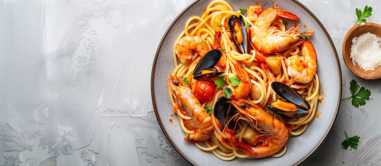 Plate with seafood pasta top view. Italian food, dish, meal, dinner. Healthy mediterranean diet eating.