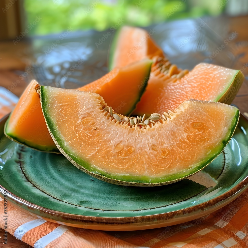 Poster a melon is cut into slices and placed on a black table. the slices are arranged in a way