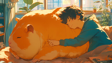anime characters sleep on large pillows shaped like guinea pigs - obrazy, fototapety, plakaty