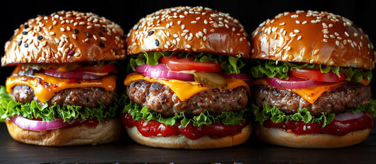 Tasty hot burger, hamburger, cheeseburger with beef, cheese, tomato sauce, onion and lettuce close up. Fast food.