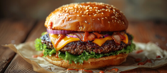 Tasty hot burger, hamburger, cheeseburger with beef, cheese, tomato sauce, onion, bacon and lettuce close up. Fast food.