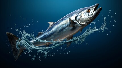 A 3D render of a photorealistic mackerel executing a graceful arc as it jumps out of an intricately designed can