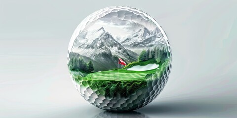 Golf ball with miniature green golf course with red flag inside of it against grey background. Concept of professional and luxury sport, leisure time, recreation, games.