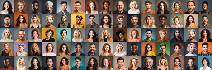 diversity collage of individual people of different age and ethnicitiy - obrazy, fototapety, plakaty